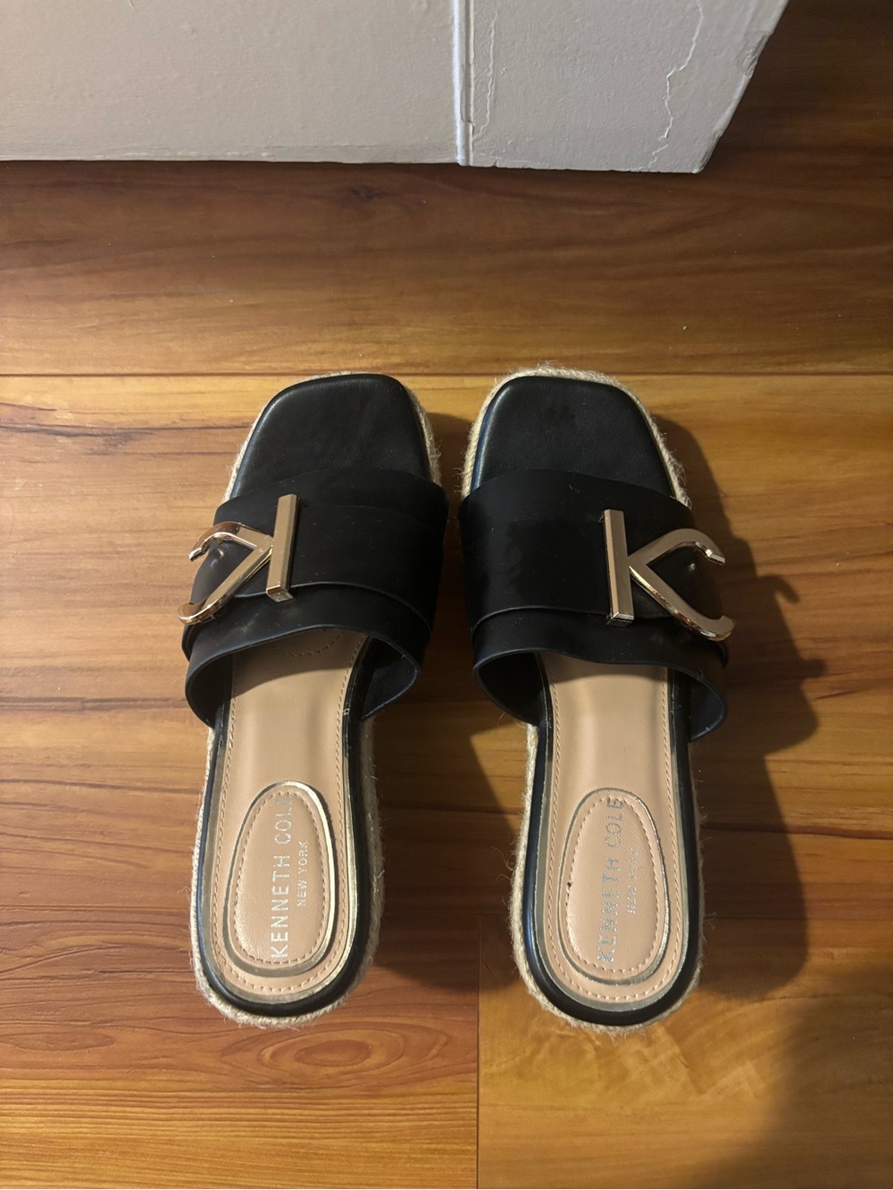 Kenneth Cole Black Leather Slide Mules with Gold 'K' Accent